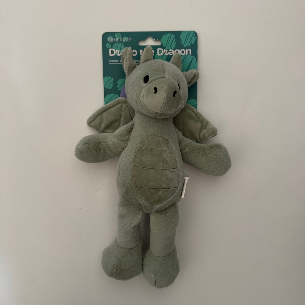 NEW  Dog Toy Green Draco Dragon Plush with Squeaker & Crinkle Noise | Dexypaw